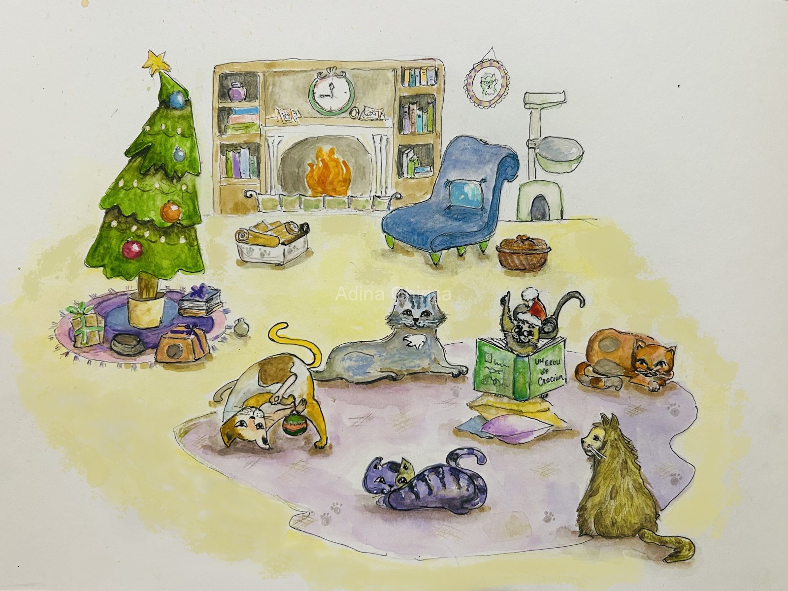 Felicitare de Crăciun cu pisici și brad — ilustrație Adina Chirica